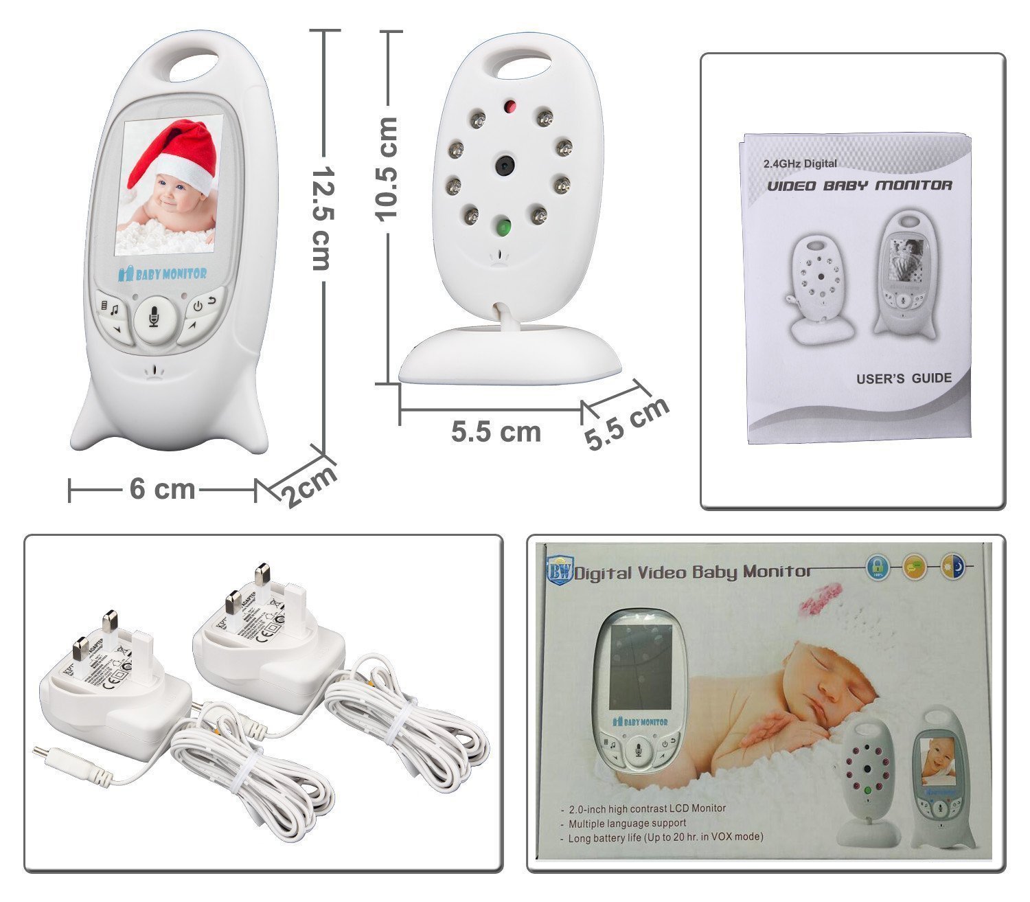 BW Bébé moniteur numérique sans fil de 2 pouces avec caméra de sécurité audio vidéo bébé moniteur avec vision nocturne à 8 LED, conversation à 2 voies, surveillance de la température berceuses