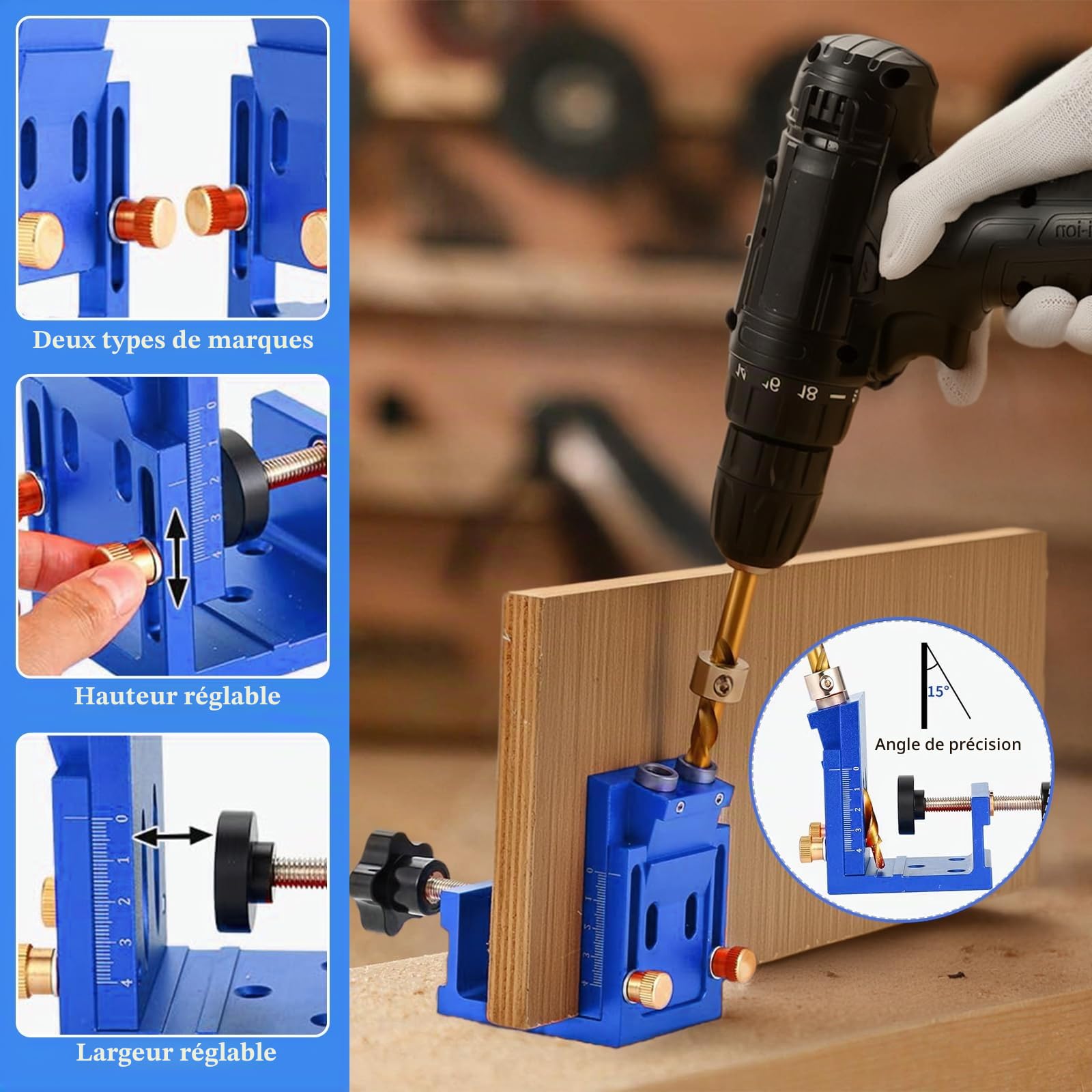 Kit De Gabarit De Trou De Poche, Outil d'Angle Pour Joints En Bois, Gabarit De Percage En Métal Avec 2 Forets Inclinés à 15 °, Positionneur De Trou Incliné En Alliage d'Aluminium