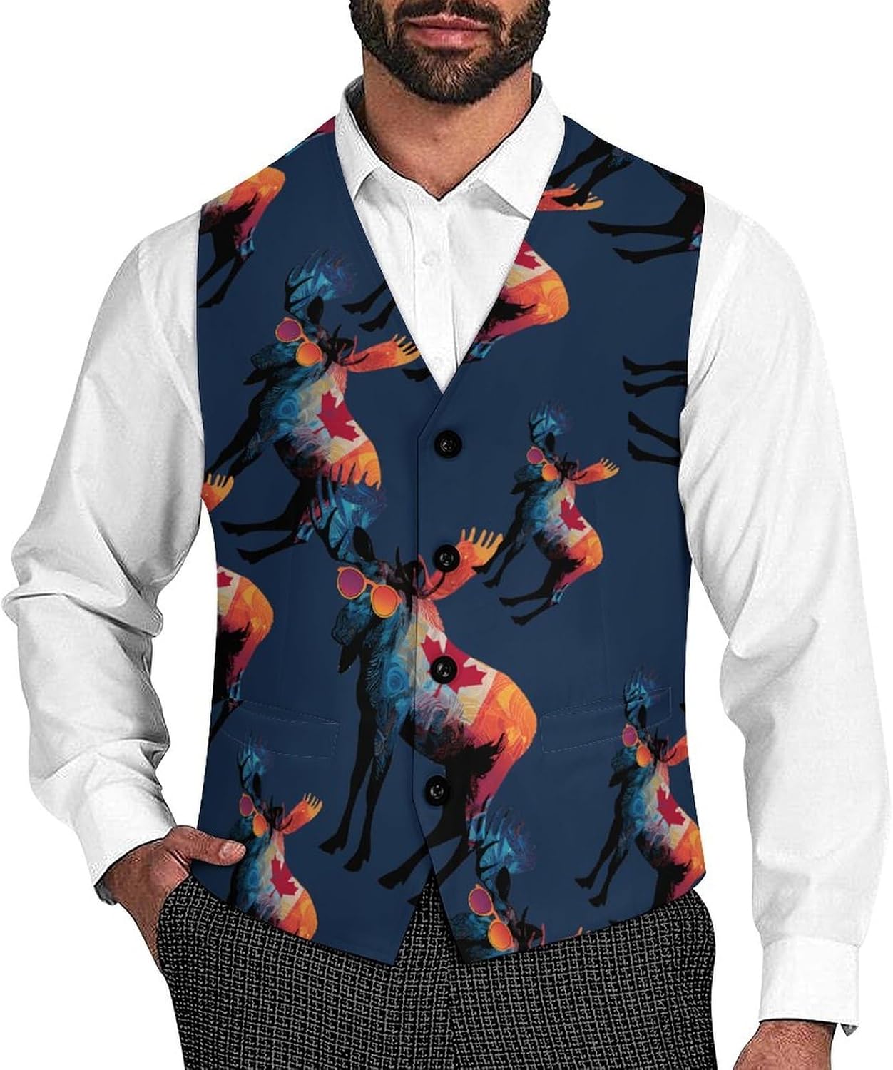 Moose Canada Flag Men's Suit Vest Formal Vests Casual Dress Fit Waistcoat Casual Tuxedo for Business