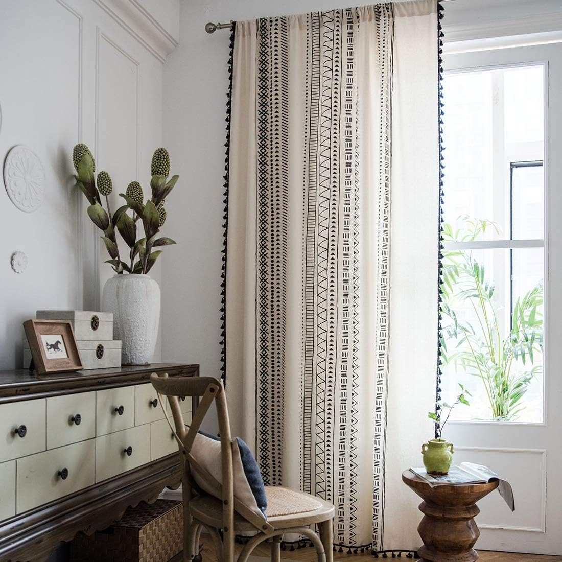 vctops Boho Cotton Linen Window Curtains with Tassels Geometric Print Country Style Room Darkening Curtain Panel for Bedroom Living Room, 1 Piece (59"x94",Black)