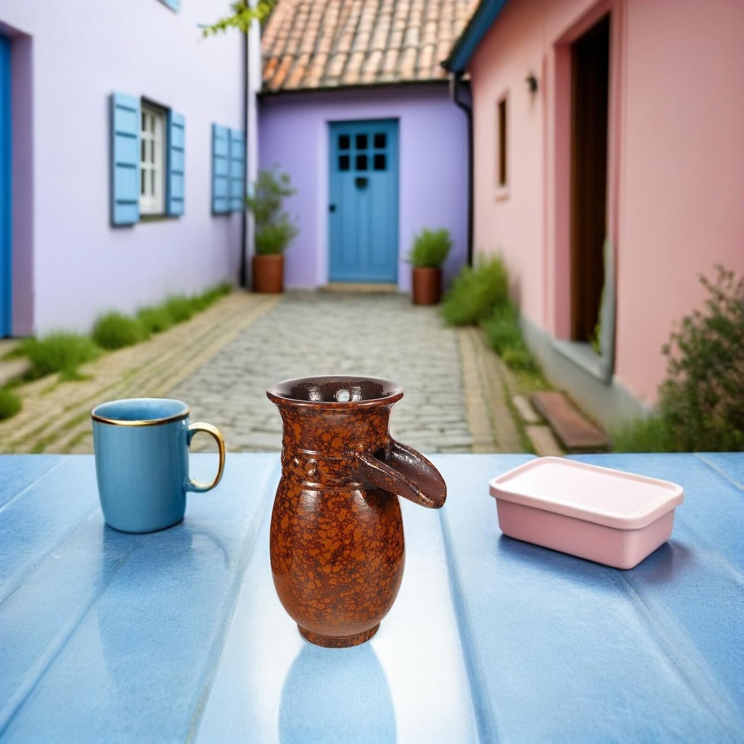 Vintage Ceramic Jar Water Fountain with Side for Smooth Flow Handmade Clay Pot Tabletop Waterfall Decor for Indoor Garden Aquarium Living Patio Fish Tank Accessory