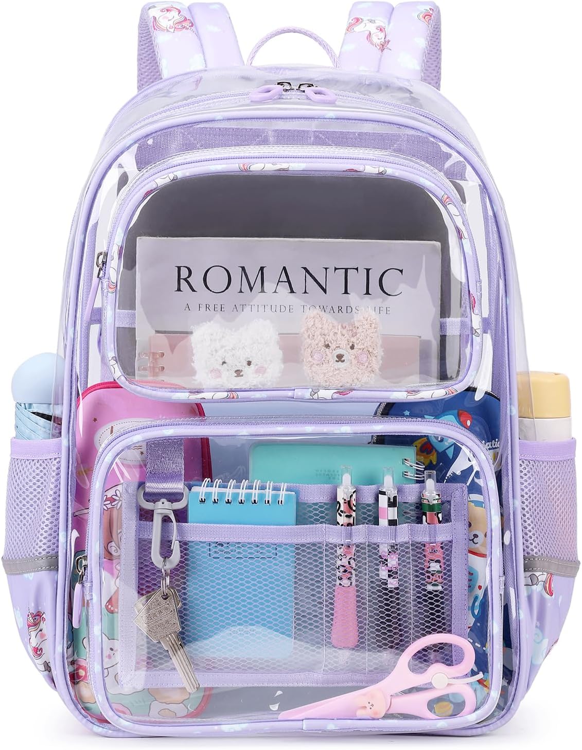 Clear Backpack for Girls, Heavy Duty PVC Transparent Bookbag for School Stadium Events Concert, Purple, Unicorn - Image 6