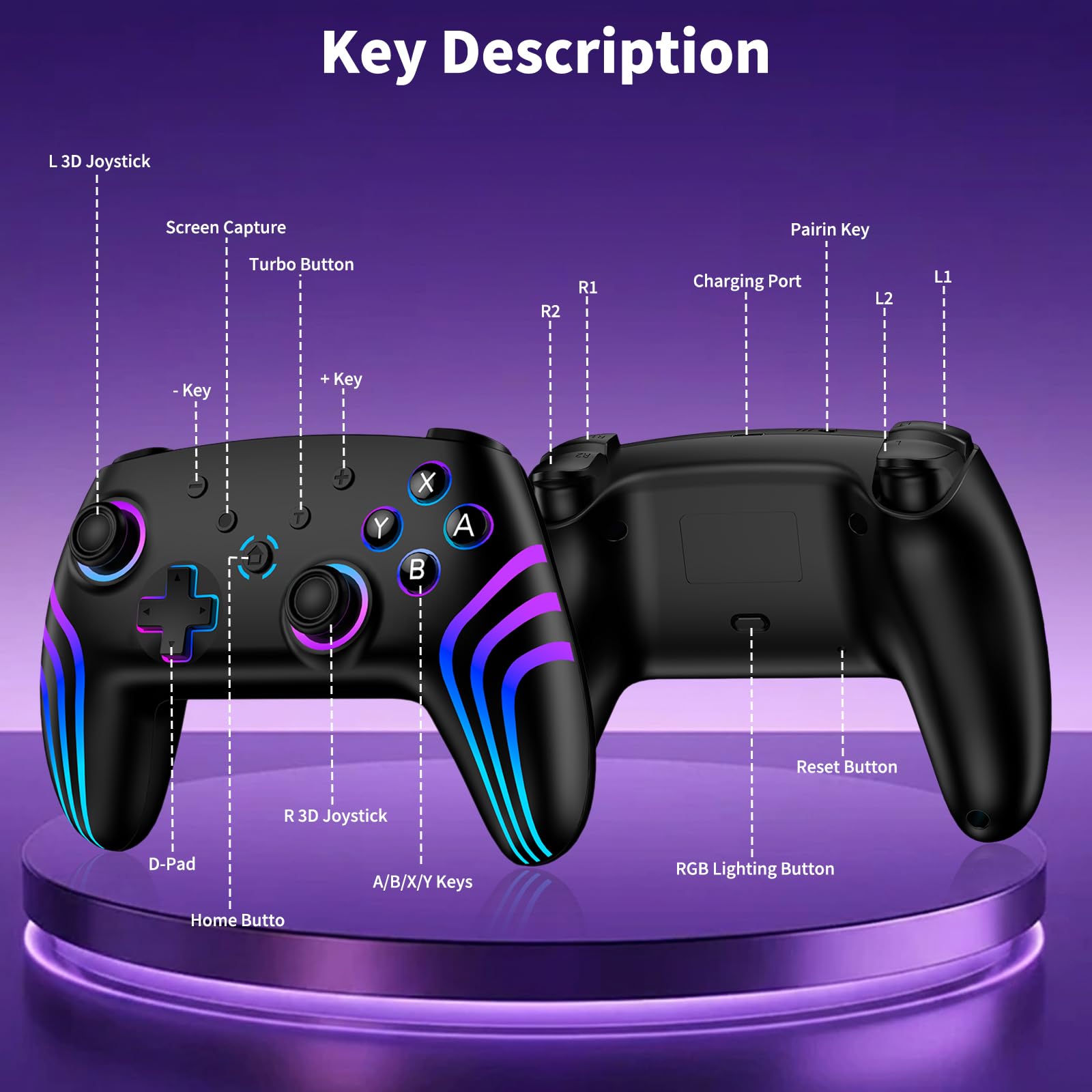 Mandos para Switch 2 (2 unidades) con estación de carga, mandos para Switch 2/Switch/Lite/OLED/PC, mandos Pro para Switch con RGB/activación/eje giroscópico/doble vibración/turbo/captura de pantalla