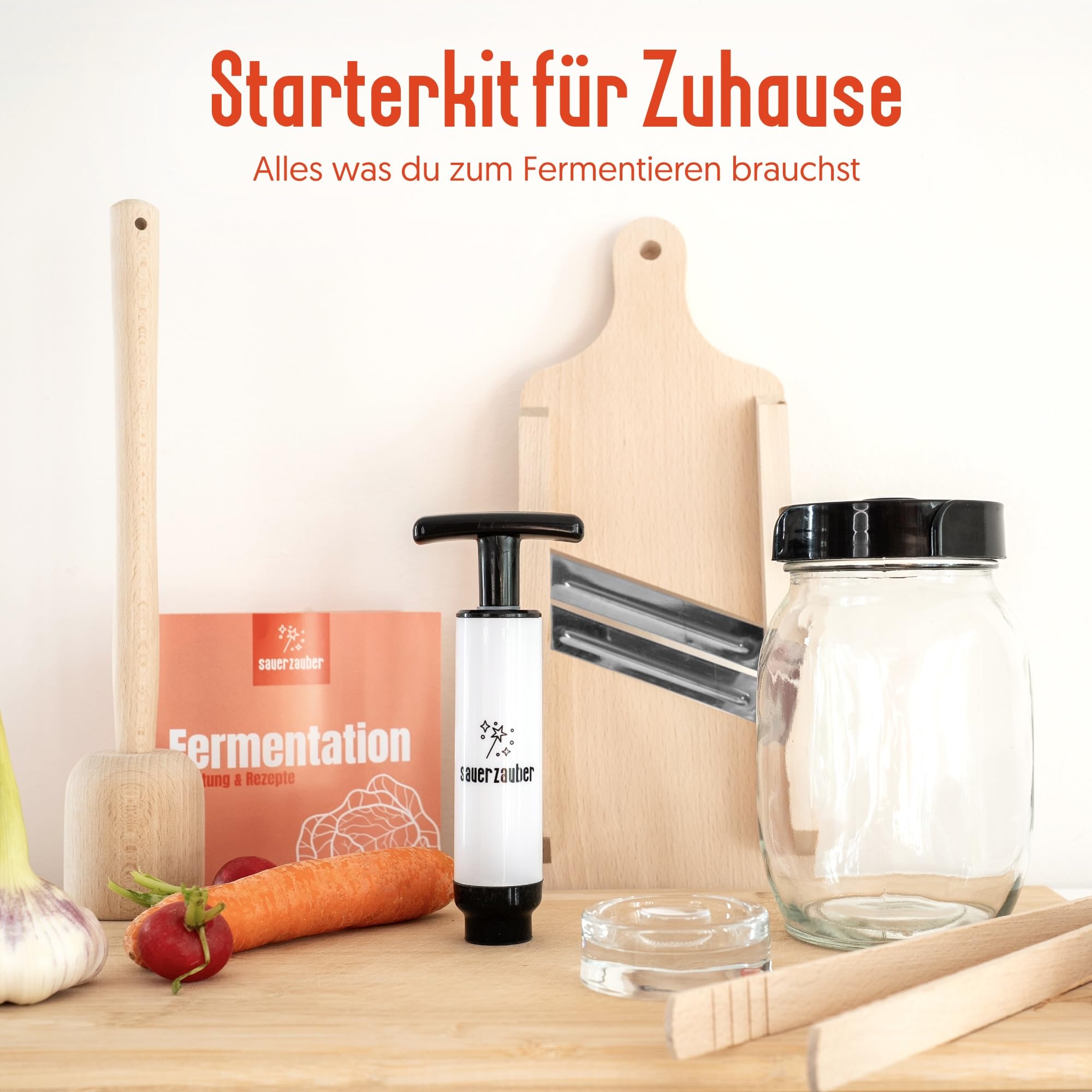 Starterkit Fermentation – großes Fermentierset für Gemüse wie Kimchi, Sauerkraut - 1 L Fermentierglas, Fermentiergewicht, Krauthobel & Zubehör – Fermentieren leicht gemacht.