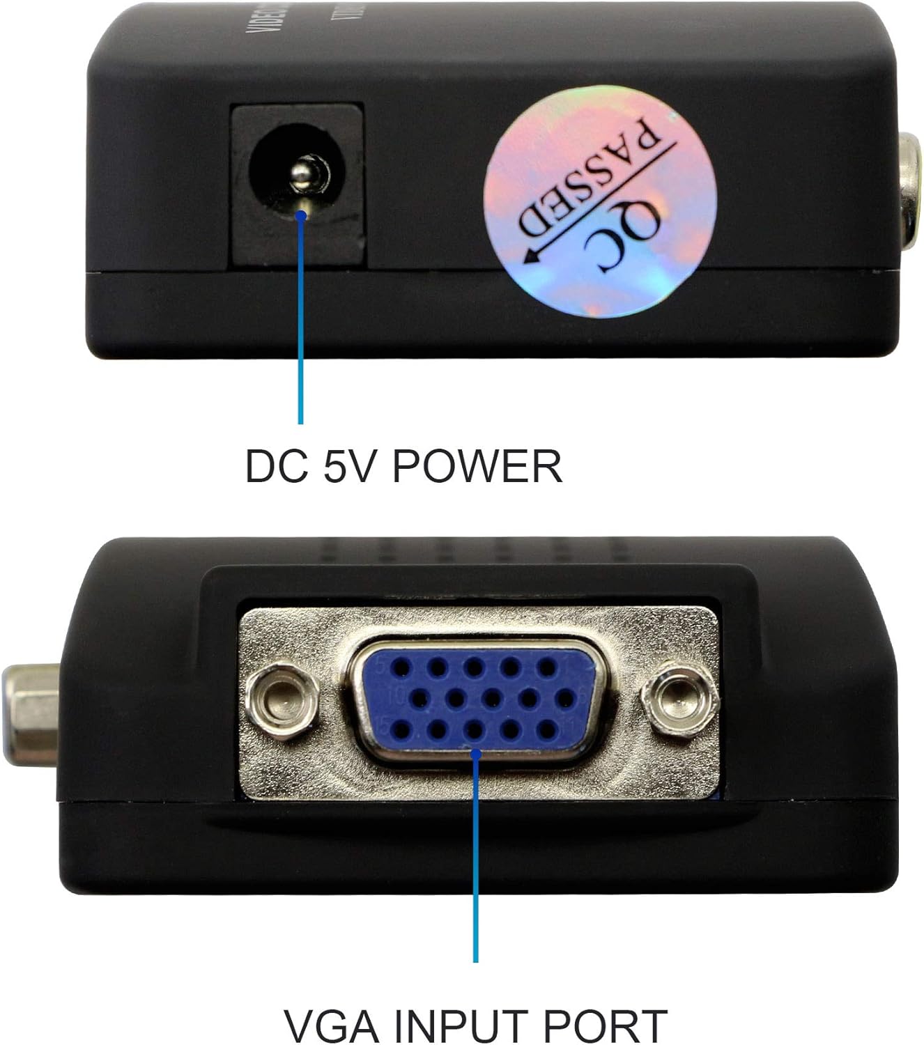Side view of the GINTOOYUN RCA to VGA Adapter, showing the DC 5V power input and an additional VGA input port.