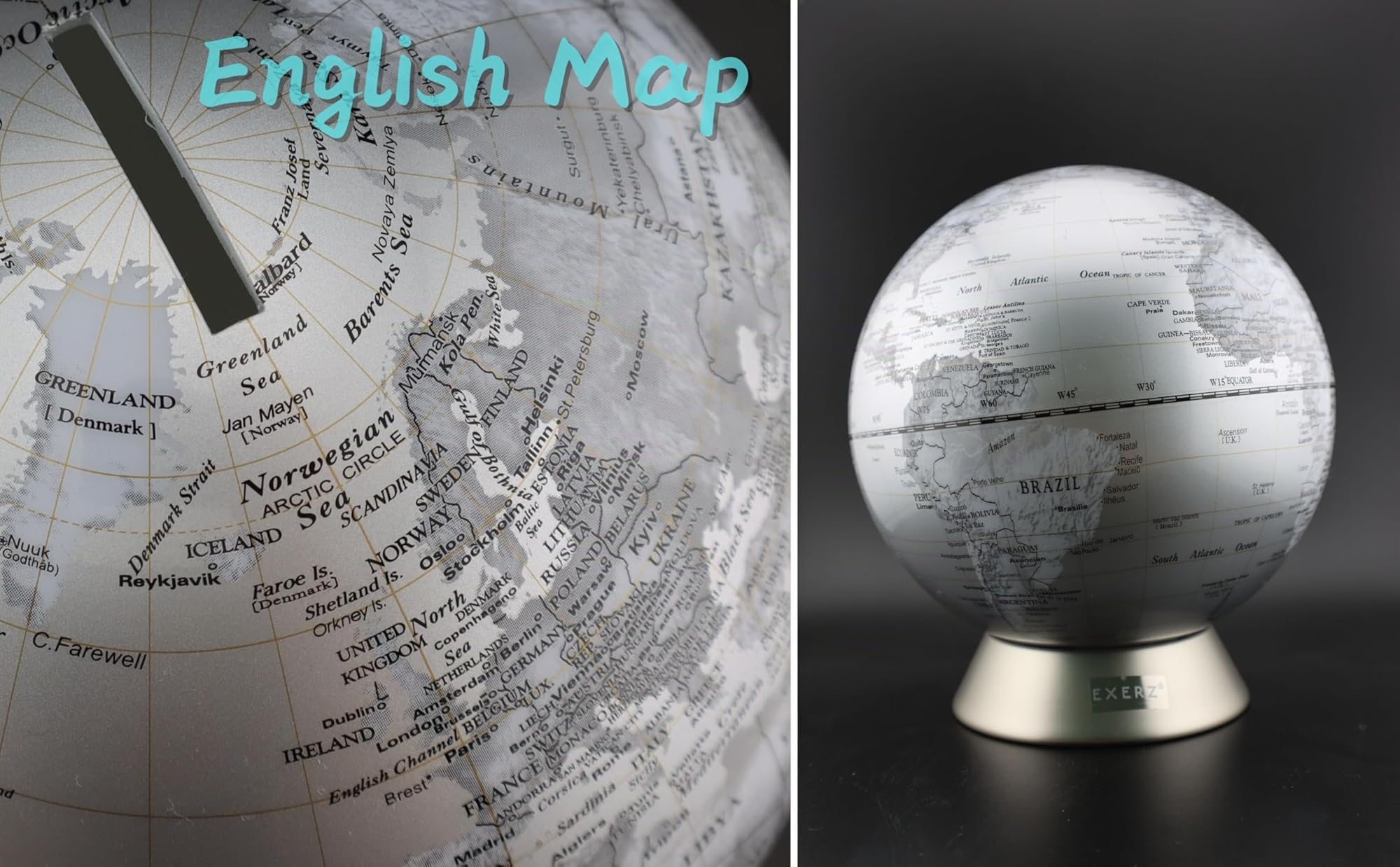 Exerz Globe Terrestre Tirelire diamètre 16cm - Carte du Monde en Anglais - Contemporain en métal - Argent