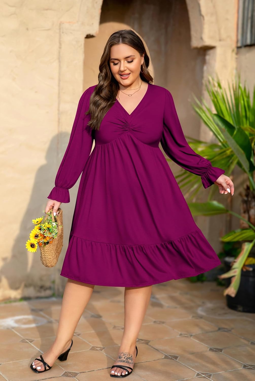 Women's Plus Size Dress Casual Long Sleeve V Neck Twist Knot Front Flowy Dress - Image 6