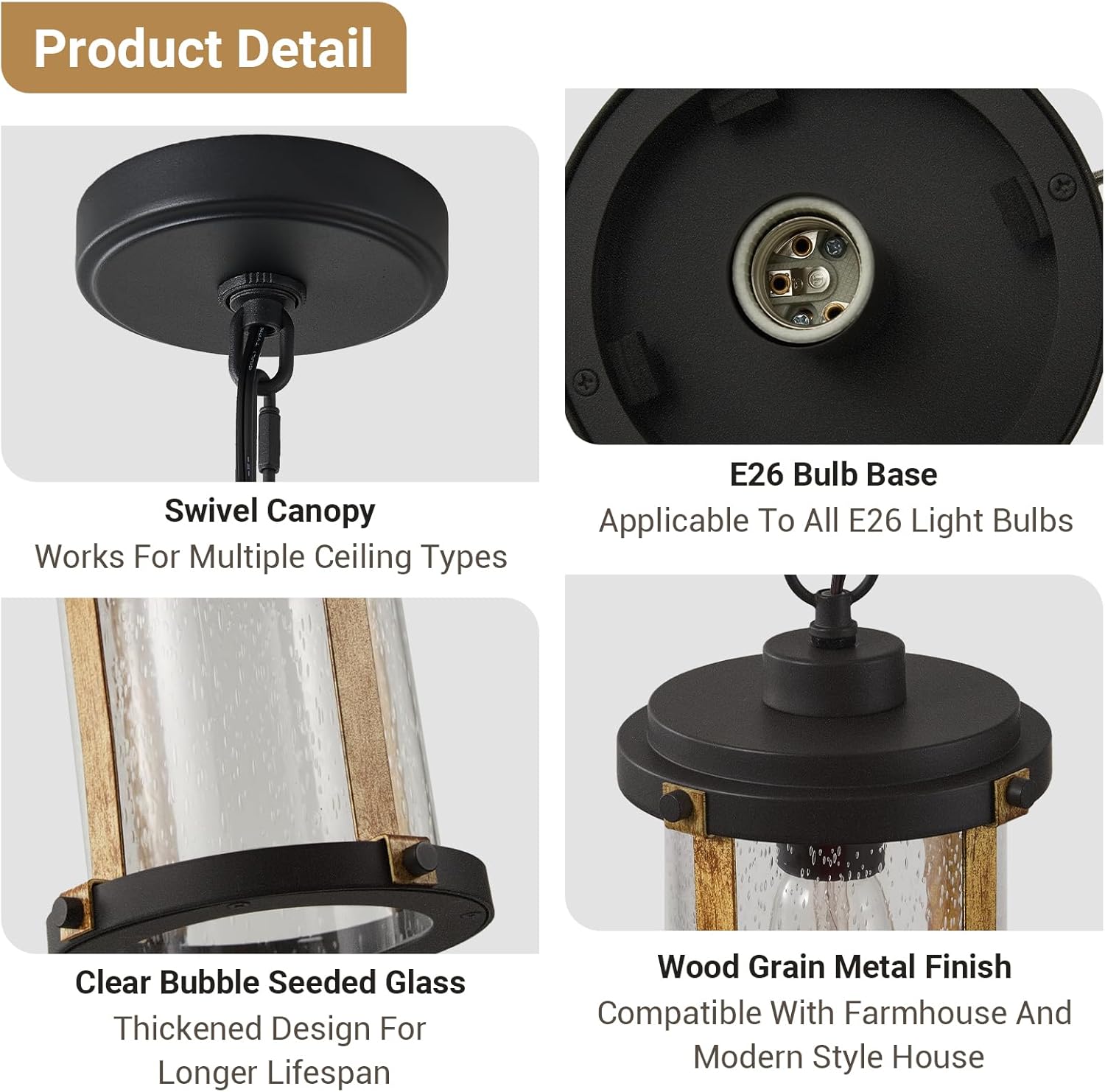 LOUSACE Farmhouse Outdoor Pendant Light for Porch, 1-Light Outdoor Chandelier Matte Black Aluminum with Clear Seeded Glass & Wood Grain, Exterior Hanging Pendant Porch Light Fixtures for Entrance, ETL