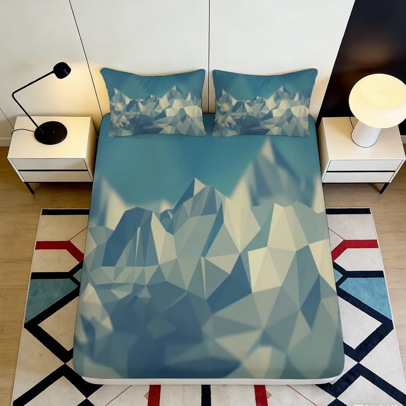 3D Printed Geometric Mountain Fitted Sheet Microfiber Soft Blue Abstract Mattress Cover for Bedroom Dorm Decor 200x200x25cm