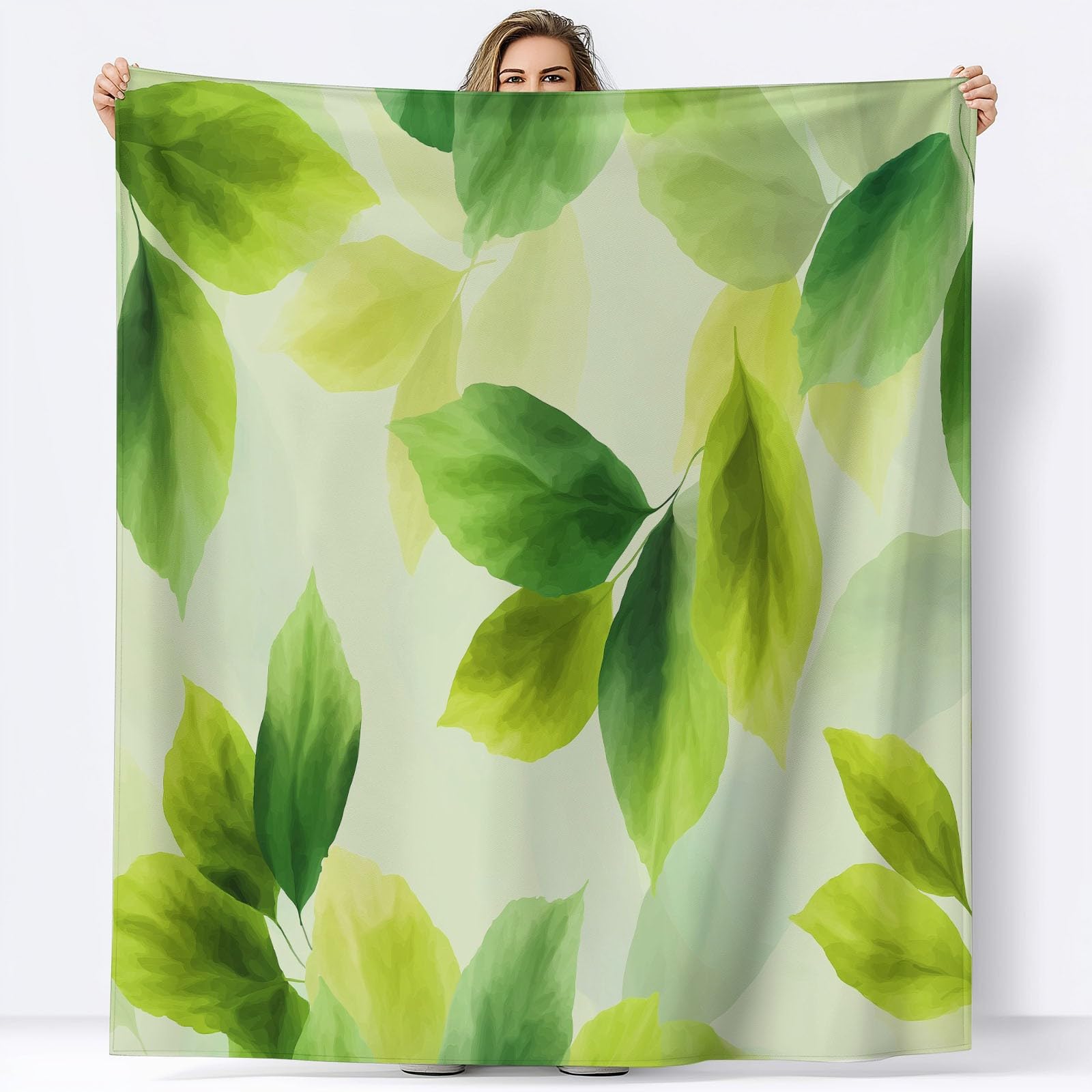 Générique Flanelowy koc akwarelowe zielone liście 180 x 200 cm koc polarowy, narzuta na sofę ciepły i miękki pluszowy zielony narzuta na łóżko na sofę krzesło kempingowe