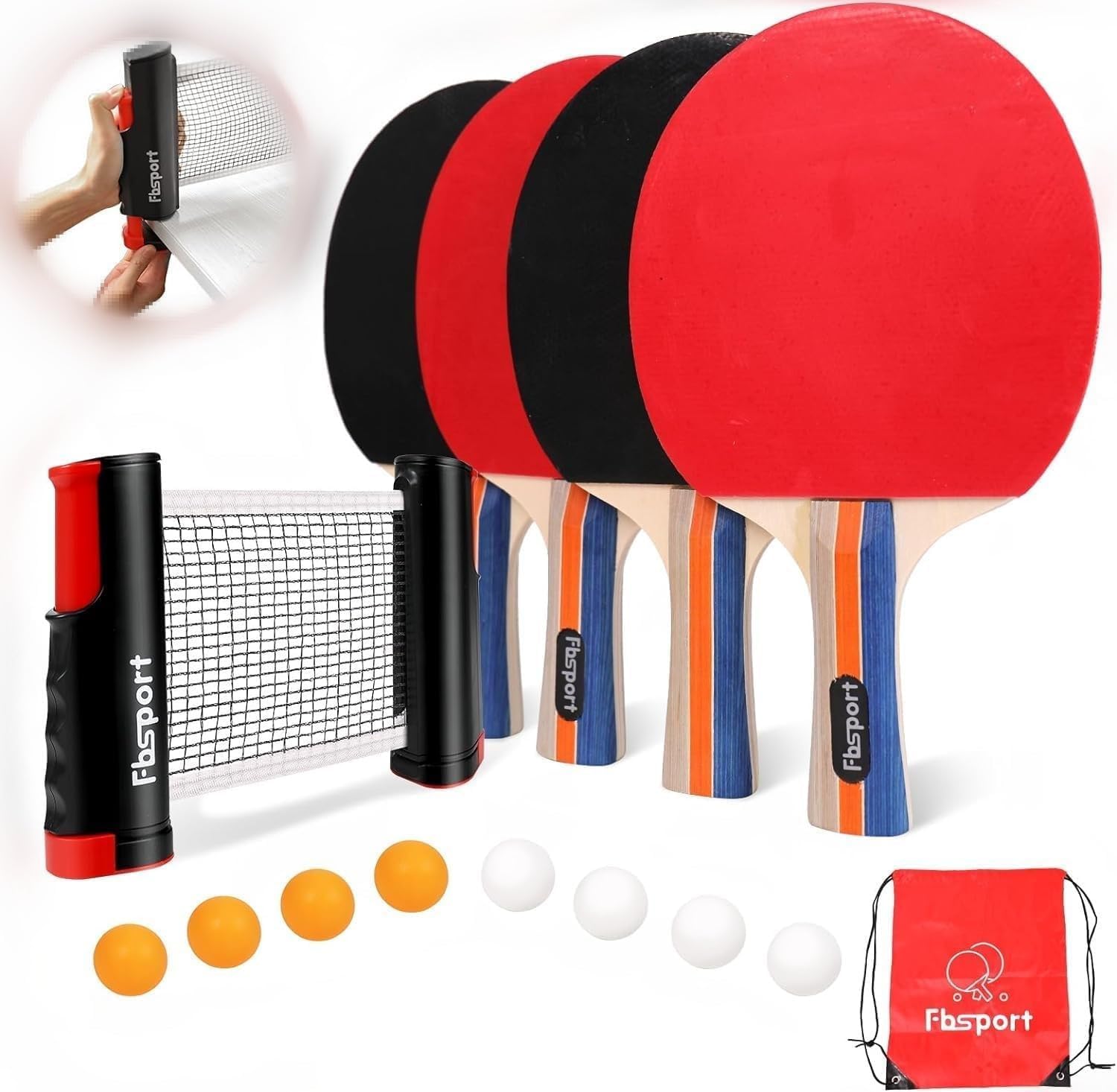 FBSPORT Table Tennis Set ping pong set,4 Bats,8 Balls and extendable