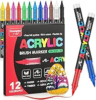 JRQ Canetas de tinta acrílica, sistema líquido direto de 12 cores e ponta de pincel, marcadores acrílicos para madeira, pintura rupestre, vidro, tela, cerâmica, tecido, plástico, artesanato DIY