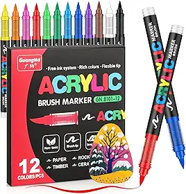 JRQ Canetas de tinta acrílica, sistema líquido direto de 12 cores e ponta de pincel, marcadores acrílicos para madeira, pintura rupestre, vidro, tela, cerâmica, tecido, plástico, artesanato DIY
