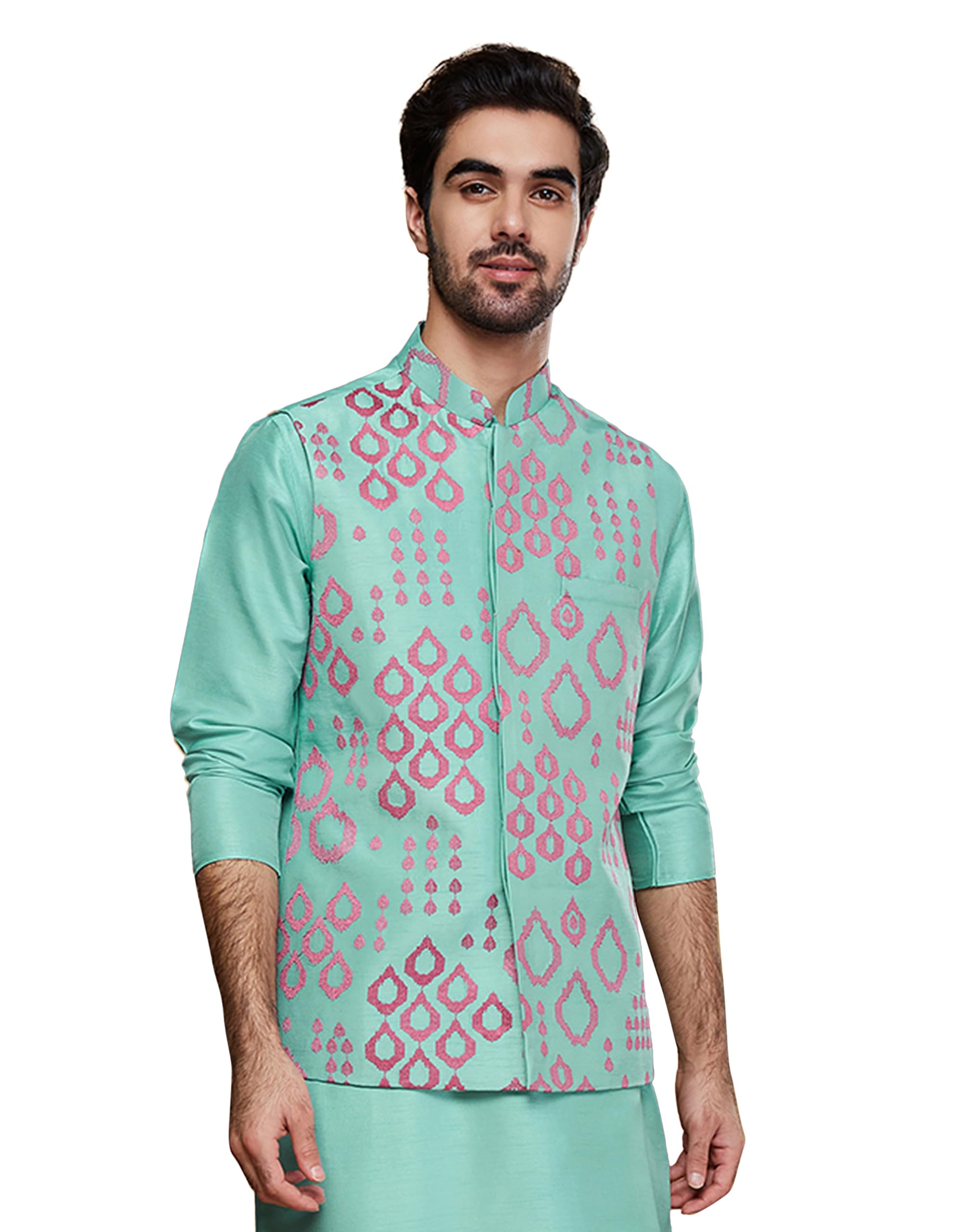 kisah Men's Nehru Jacket, Off White Dupion Silk, Embellished Regular Fit Mandarin Collar Sleeveless-picture-33