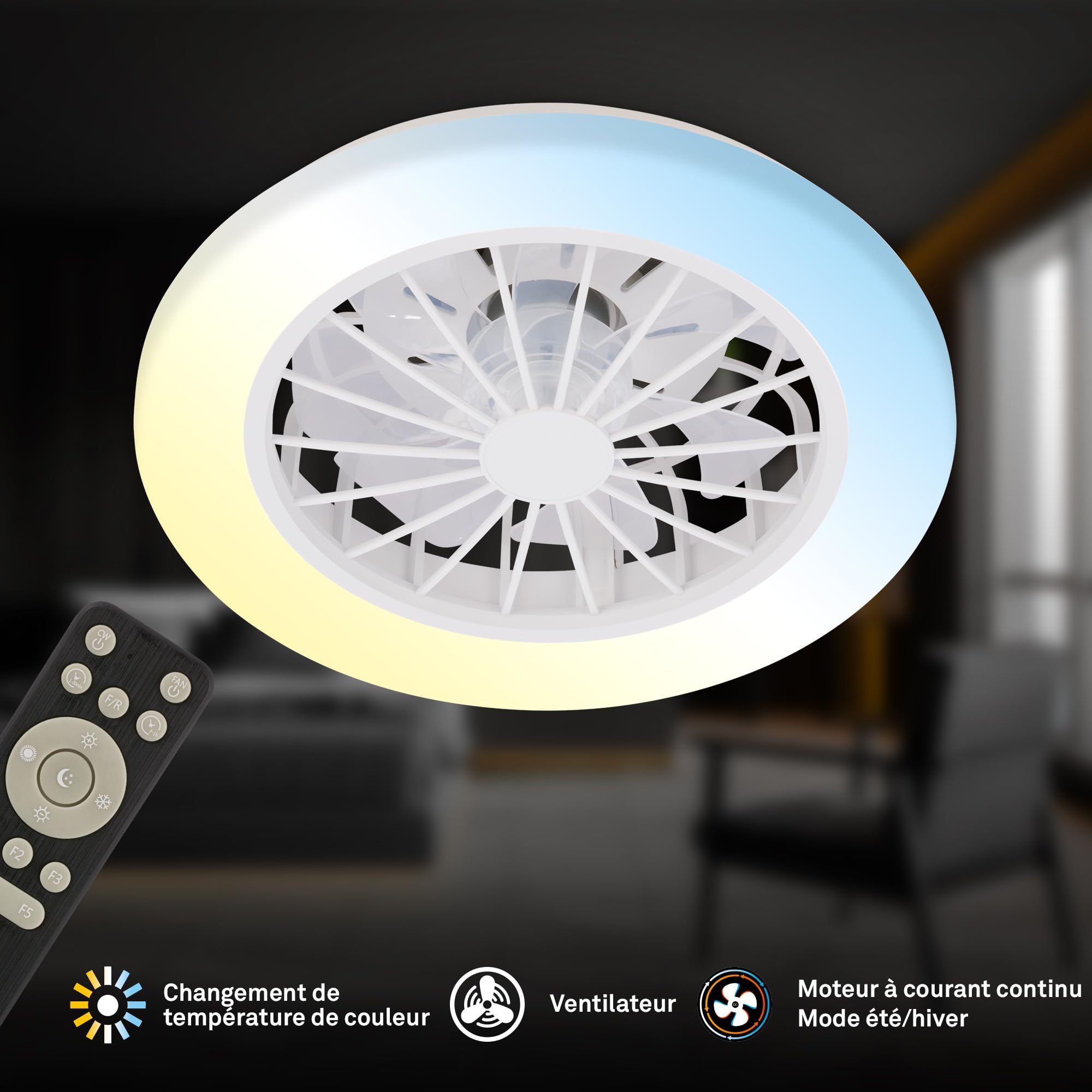 Plafonnier ventilateur de plafond LED BRILONER avec télécommande, moteur DC silencieux 5 vitesses, CCT et intensité réglable, 38 cm, blanc