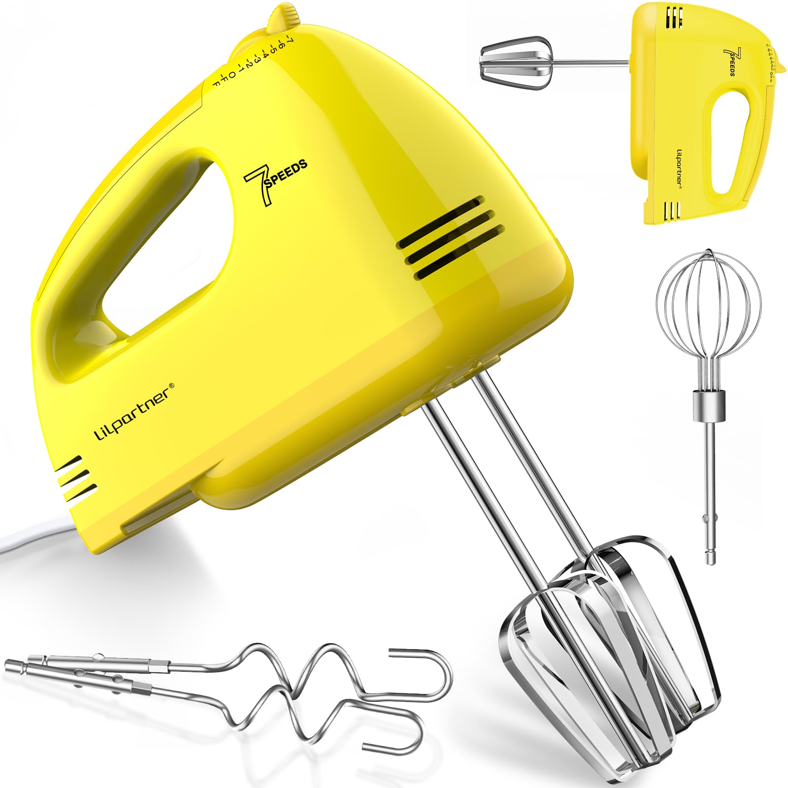 LILPARTNER Hand Mixer Electric, Ultra Power Kitchen Hand Mixer With 7-Speed &amp; 5 Stainless Steel Accessories for Whipping Dough, Cream, Cake, Dishwasher Safe, Light Yellow