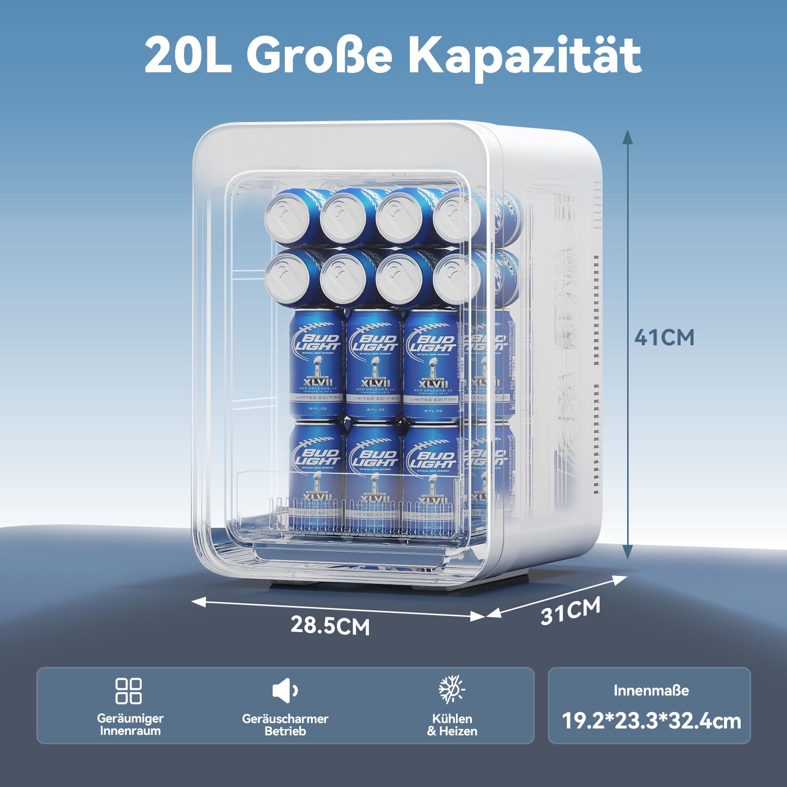 Mini Kühlschrank 20L,2 in 1 Kleiner Kühlschrank,mit Eleganter Glasfront,220V AC/12V DC,Mini-Kühlschränke,Tragbarer Skincare Fridge für Kosmetik,Getränke,für Auto/Büro/Camping,Blau+Weiß