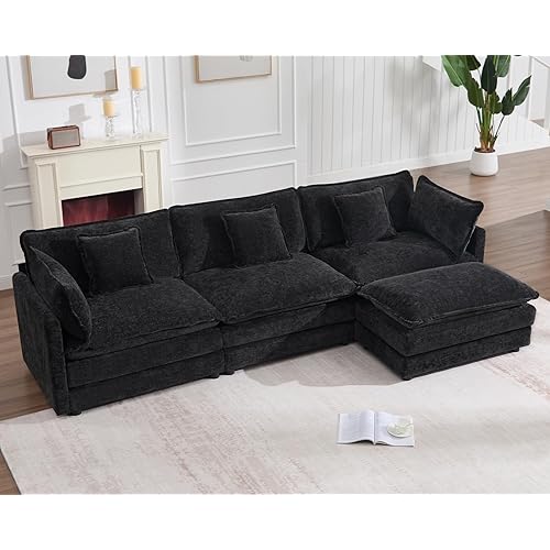 GNIXUU 111.5“ Black Cloud Sofa Couch, Comfy Chenille Modular Sectional Sofa with Movable Ottoman, L Shaped Sectional Couches for Living Room, Apartment, Office
