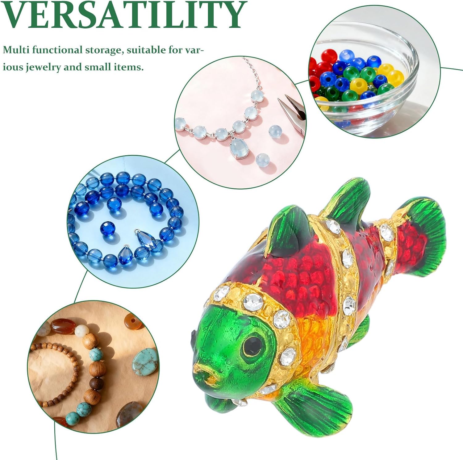 Collectible Jewelry Treasure Box, Koi Fish Statue Desk Decor, Decorative Trinkets Organizer for Necklaces and Earrings, Artistic Small Storage Keepsake(Green & Red) image 5
