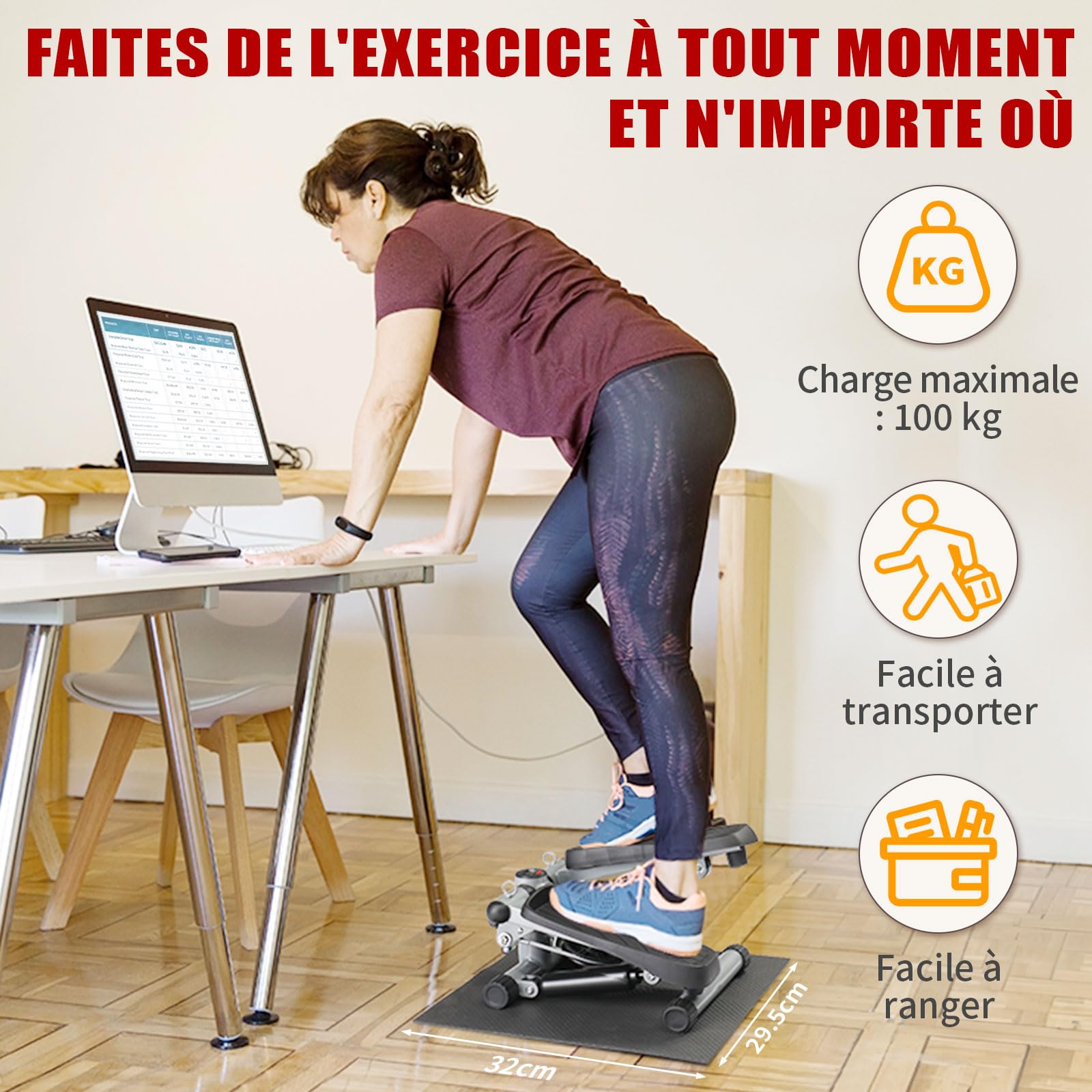 LEADZM Mini Stepper avec Coussinet Silencieux, Stepper de Fitness avec Bandes de Résistance, Écran LCD, Compteur de Calories, pour L'entraînement des Jambes et des Bras Fessiers, Noir et Argent