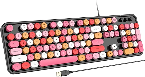 Atelus USB Wired Computer Keyboard - Retro Typewriter Keyboard - Full Size Office Keyboard with Number Pad, Caps Indicators, Foldable Stands, for PC Laptop Desktop Windows (Black Colorful)