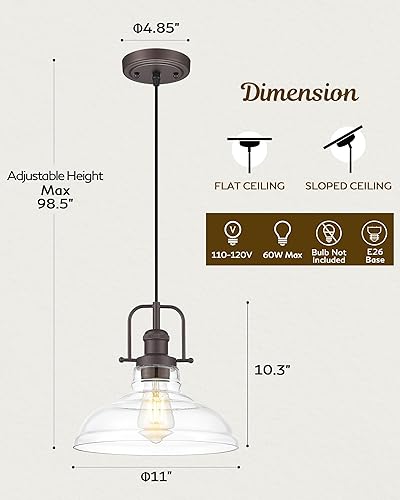 Miniatura 3 de FEMILA Lámpara colgante vintage, lámpara colgante de casa de campo con altura ajustable, pantalla de vidrio transparente, acabado de bronce