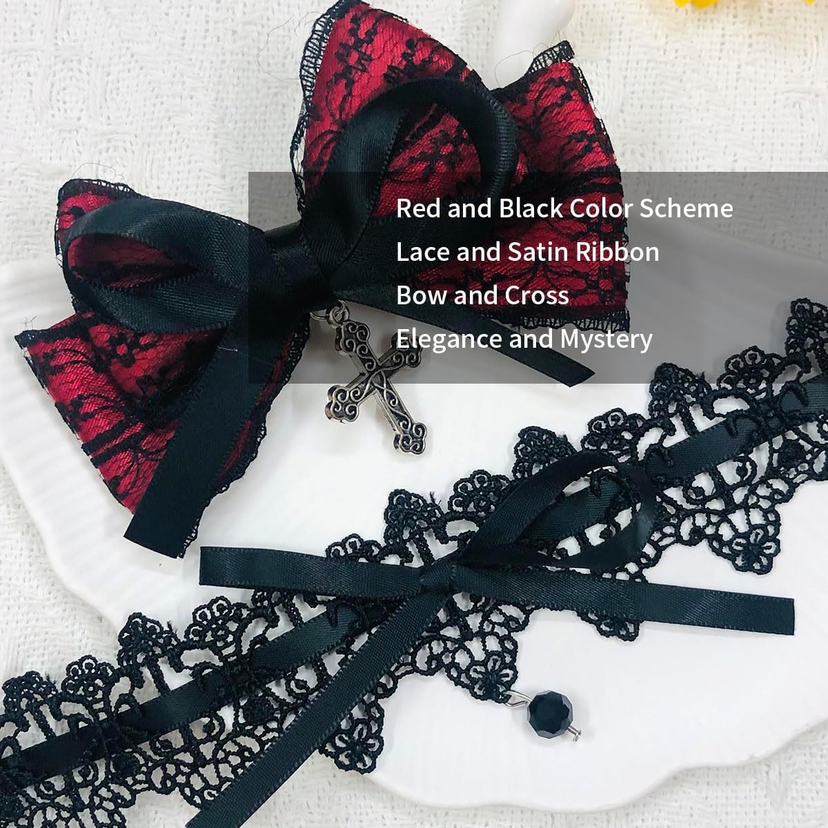 Women's Lace Bow Hair Clips, Gothic Hair Clips with Necklace Set, Black and Red, for Halloween Party Cosplay Costume Headwear Accessories - Image 3