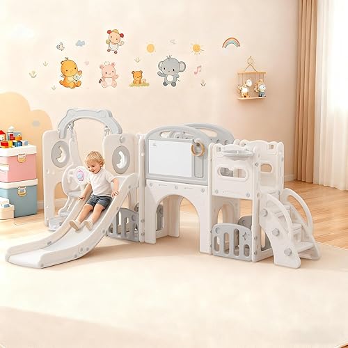 Miniatura 9 de Juego de toboganes 12 en 1 para niños pequeños de 1 a 3 años, parque infantil interior con columpio, aro de baloncesto, escalador, túnel y