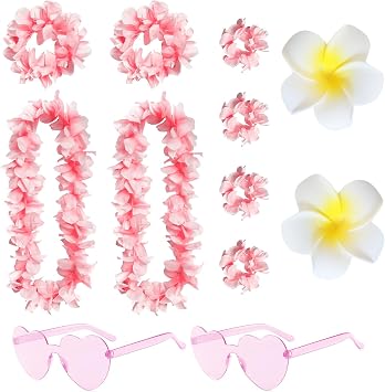 Carreuty 12 PCS Hawaiian Fancy Dress Women Hawaiian Party Decorations Hawaiian Garland Flower Necklace Headbands and Bracelets Heart Sunglasses for Adult, Summer Beach Vacation Hawaiian Theme Party