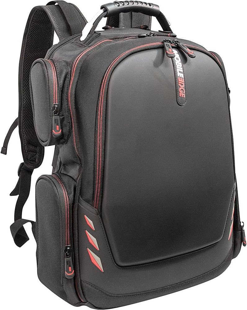 Exclusive Mobile Edge Core Gaming Laptop Backpack, Molded Front Panel, 17 - 18 Inch, External USB 3.0 Quick-Charge Port and Built-in Charging Cable ScanFast TSA Checkpoint Friendly Black w/Red Trim MECGBP1