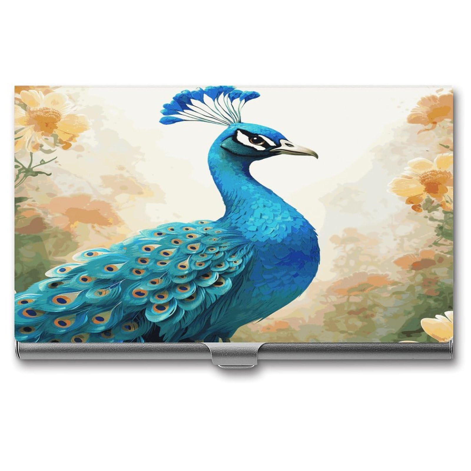 FekiLoot Cartoon Blue Peacock Business Card Holder for Men Women Metal Slim Organizer Business Card Carrier Wallet Name Cards Holder Retro Slim Pocket Purse Small Portable Card Case