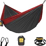 Wise Owl Outfitters Camping Hammock – 500lbs Portable Hammock with Tree Straps - Travel, Backpacking, Hiking, Outdoors Camping Gear - Single or Double Single Charcoal & Red
