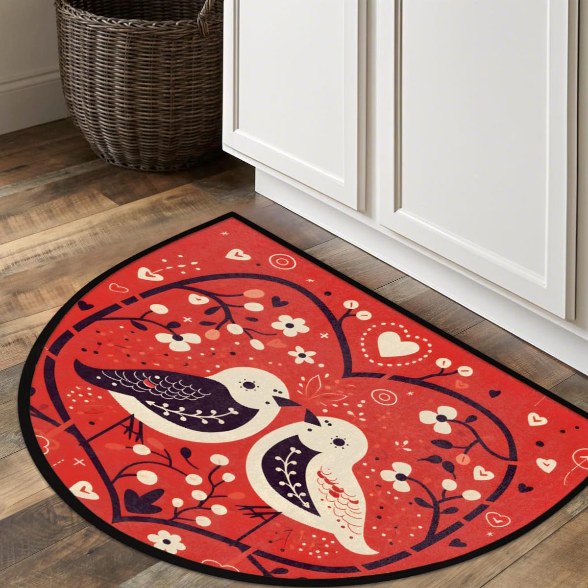 Valentine's Day Flower Birds Half Round Door Mat Non-Slip Welcome Entryway Soft Area Rug Absorbent Bathroom Rugs Wear Resistant Indoor Kitchen Mats 24 x 36 in for Home Deck Patio Garage