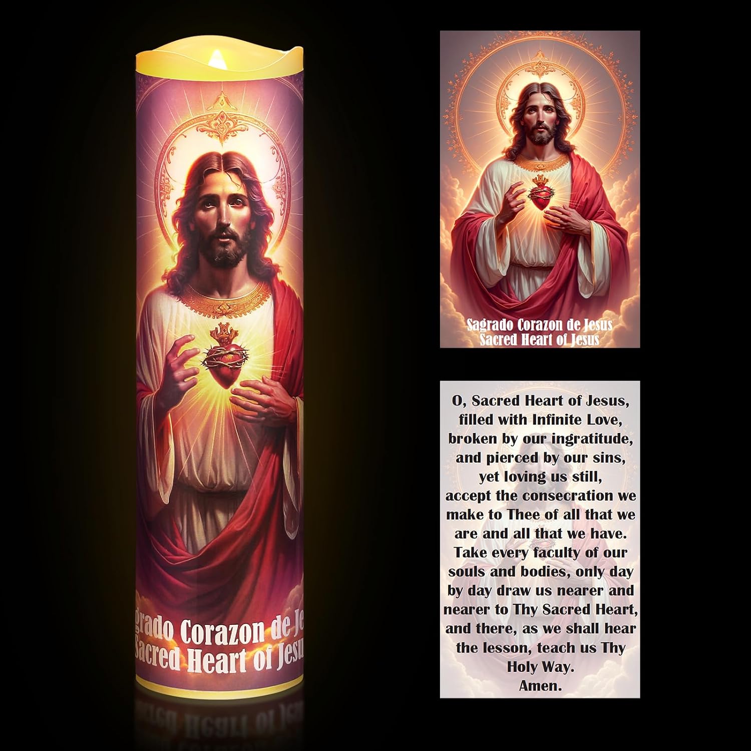 Glooglitter Catholic Prayer Candle and Card Set 8" LED Flameless Prayer Candle Devotional Religious Card Decoration Gifts for Easter Passover Halloween Christmas Activities(Jesus)