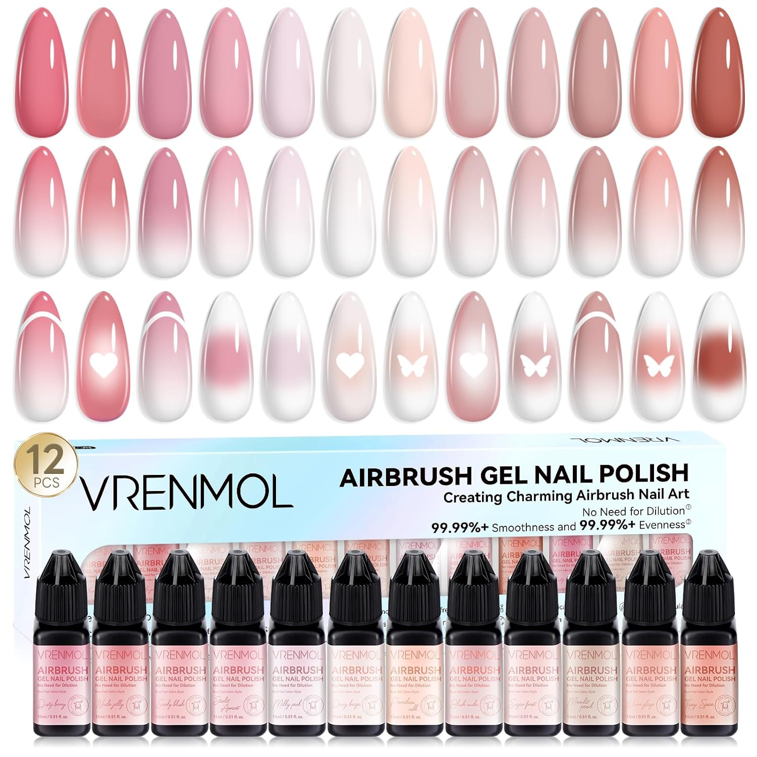 vrenmol 12PCS Airbrush Gel Nail Polish Hema-Free: Dilution-Free Airbrush Gel Polish Long Lasting Vibrant Shades Airbrush Paint for Nails Gel Paint for Nails Art Home Salon DIY Manicure Kit