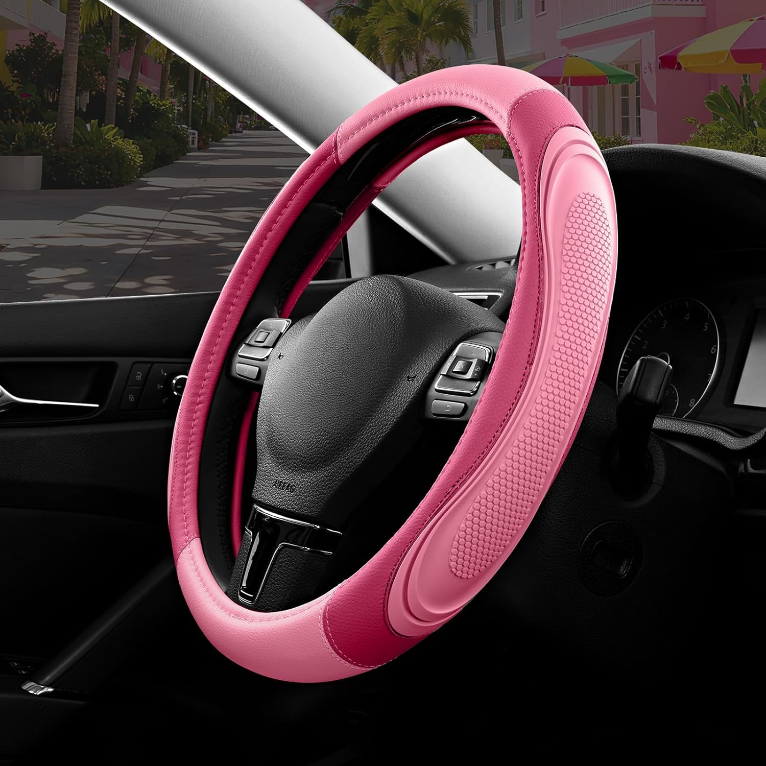 Road Comforts Car Steering Wheel Cover - Microfiber Leather Steering Wheel Wrap Sports 14.5-15 Inch Steering Wheel Cover Non-Slip for Men Women Pink & HotPink Color