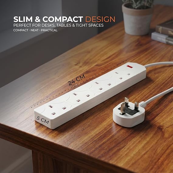Wolf Power 4 Way Extension Lead, 2 Metre Extension Cable with UK 3 Pin Plug, Multi Socket Power Strip, Wall Mountable, Suitable for Home, Office & Appliances (White, 1 Pack)