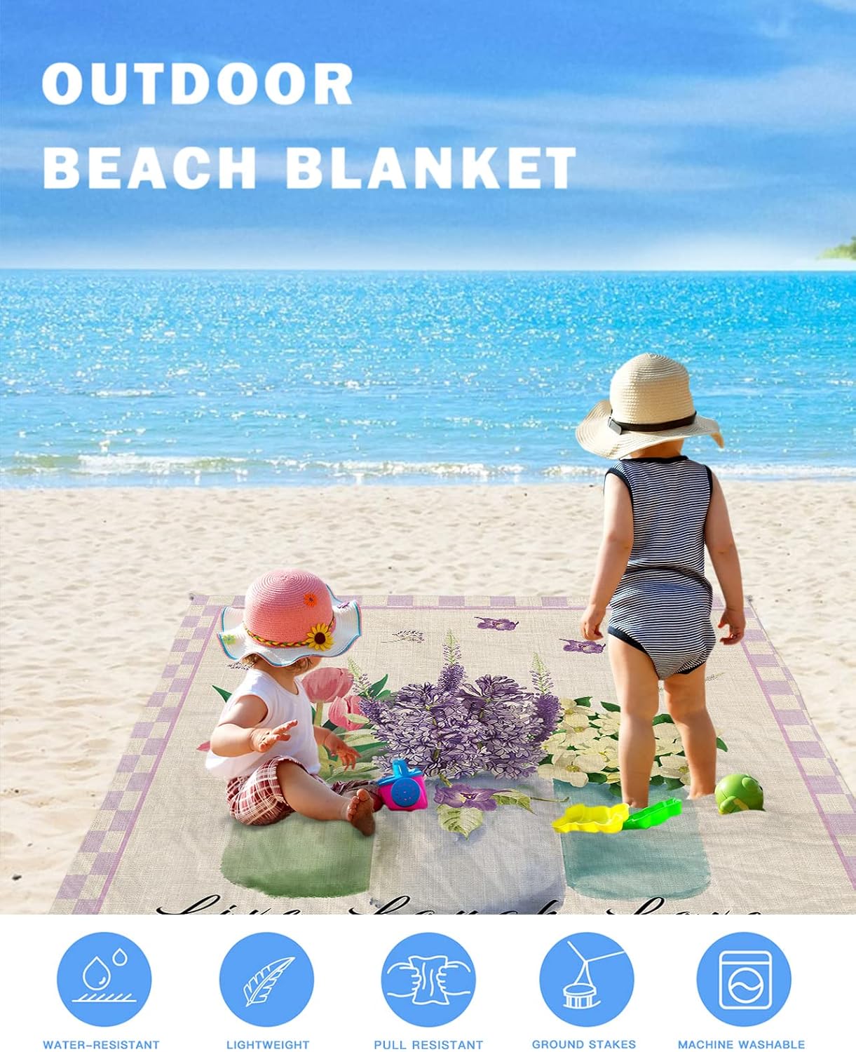 Farm Blooming Floral in Bottle Beach Blanket Waterproof Sandproof Outdoor Picnic Mat 118"x108" Purple Chic Buffalo Lattice Border Lightweight Large Beaach Blankets with 4 Stake & 4 Corner Pockets
