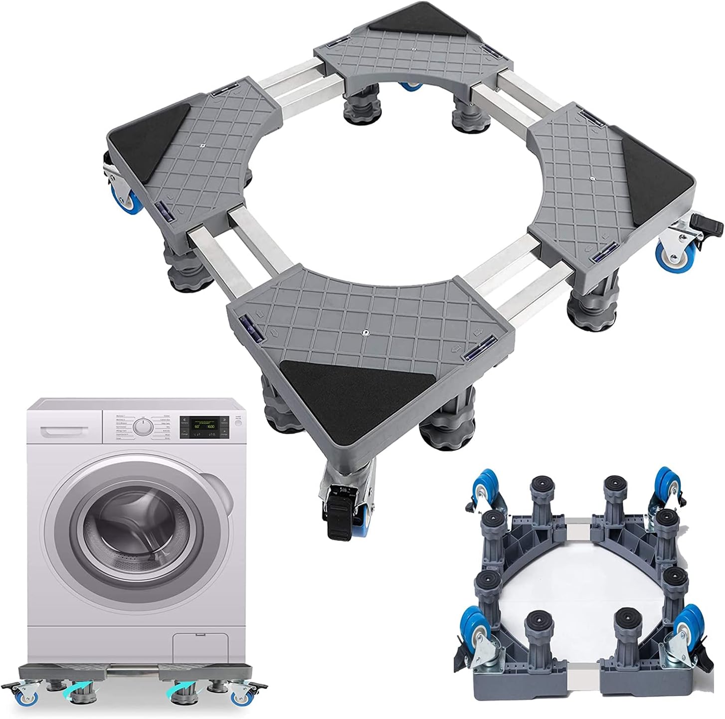 RO Washing Machine Stand Adjustable Mobile Base, With 4 Locking Wheels And 8 Strong Feet, For Washer Dryer Washing Machine Stand Pedestal, Refrigerator Stand, Appliance Dolly Square, Moving Roller