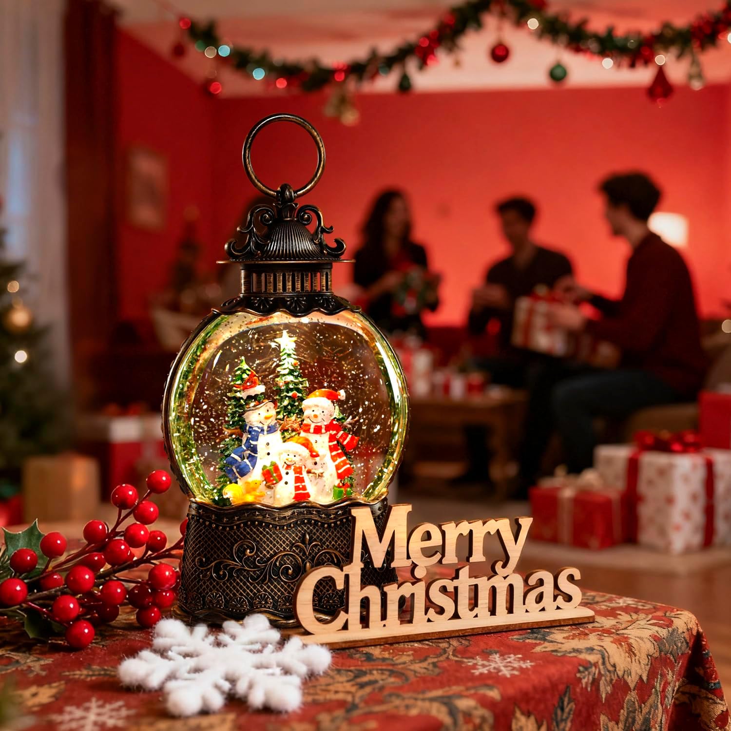 Christmas Snow Globe, Christmas Lantern Room Decor for Indoor Use, USB-Powered/Battery-Operated Glowing Water Lantern, Ideal for Holiday Decorations and Gift Giving