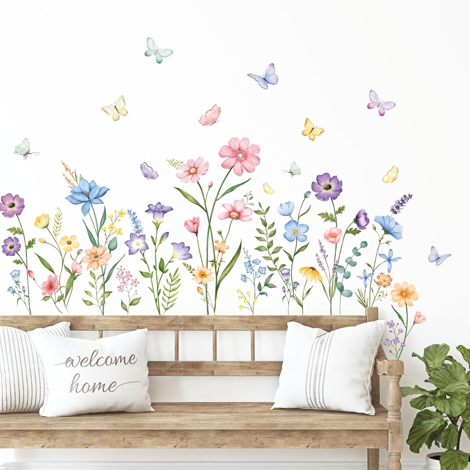 Flower Wall Decals Watercolor Wildflower Grass Butterflies Wall Stickers Peel and Stick Wall Art Decor for Girls Bedroom Living Room Home Office Wall Decor