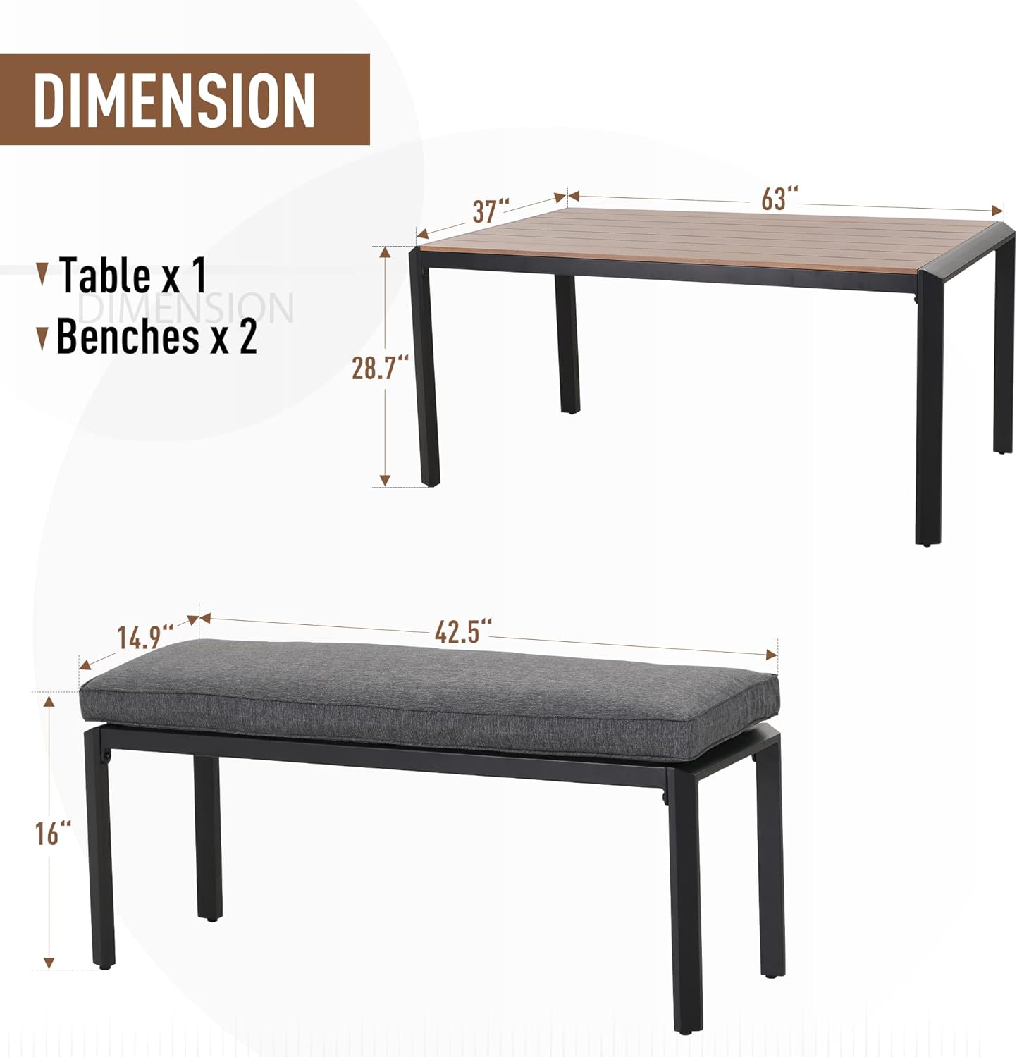 Sophia & William Aluminium Patio Table and Benches 3-Piece Patio Dining Set for 4, 2 Outdoor Benches 42" with Cushion, 1 Patio Dining Table 63" for Lawn Backyard