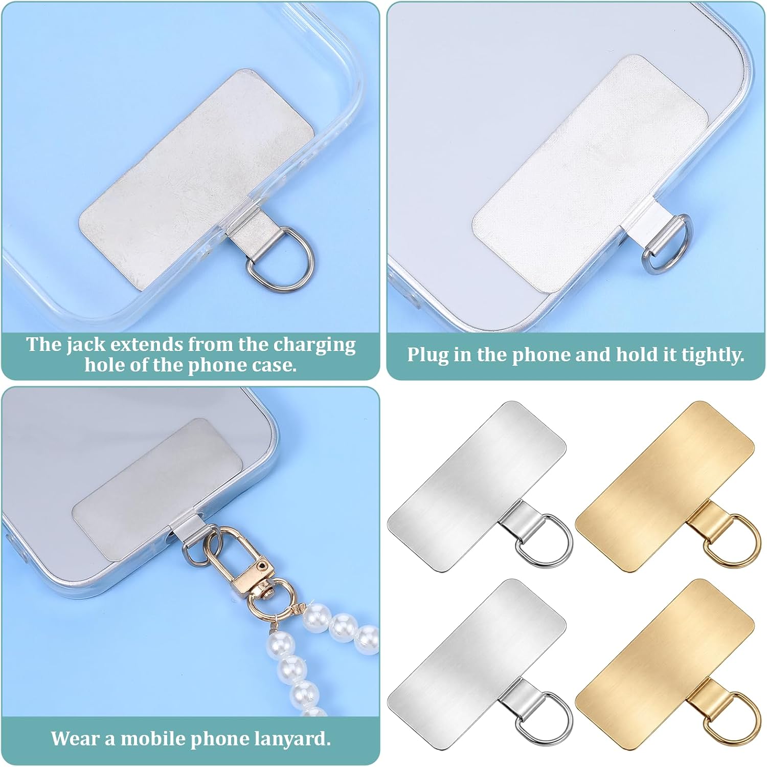15 Pcs Stainless Steel Phone Lanyard Patch Phone Lanyard Tab (Silver, Gold)