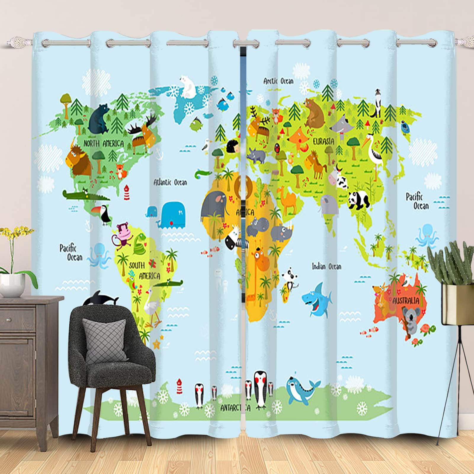 SDOTPMT 42x63inch World Map Window Curtain Kids Educational Theme Cartoon Animal Ocean Continents Window Drapes Tourist Geography Animal Map Blackout Curtains for Living Room Bedroom, 2 Panels