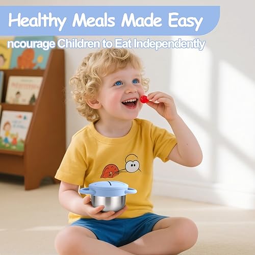 Miniatura 6 de Mity rain Paquete de 2 recipientes de acero inoxidable para niños con tapas y asas de silicona a prueba de derrames, tazas de aperitivos 3 en 1,