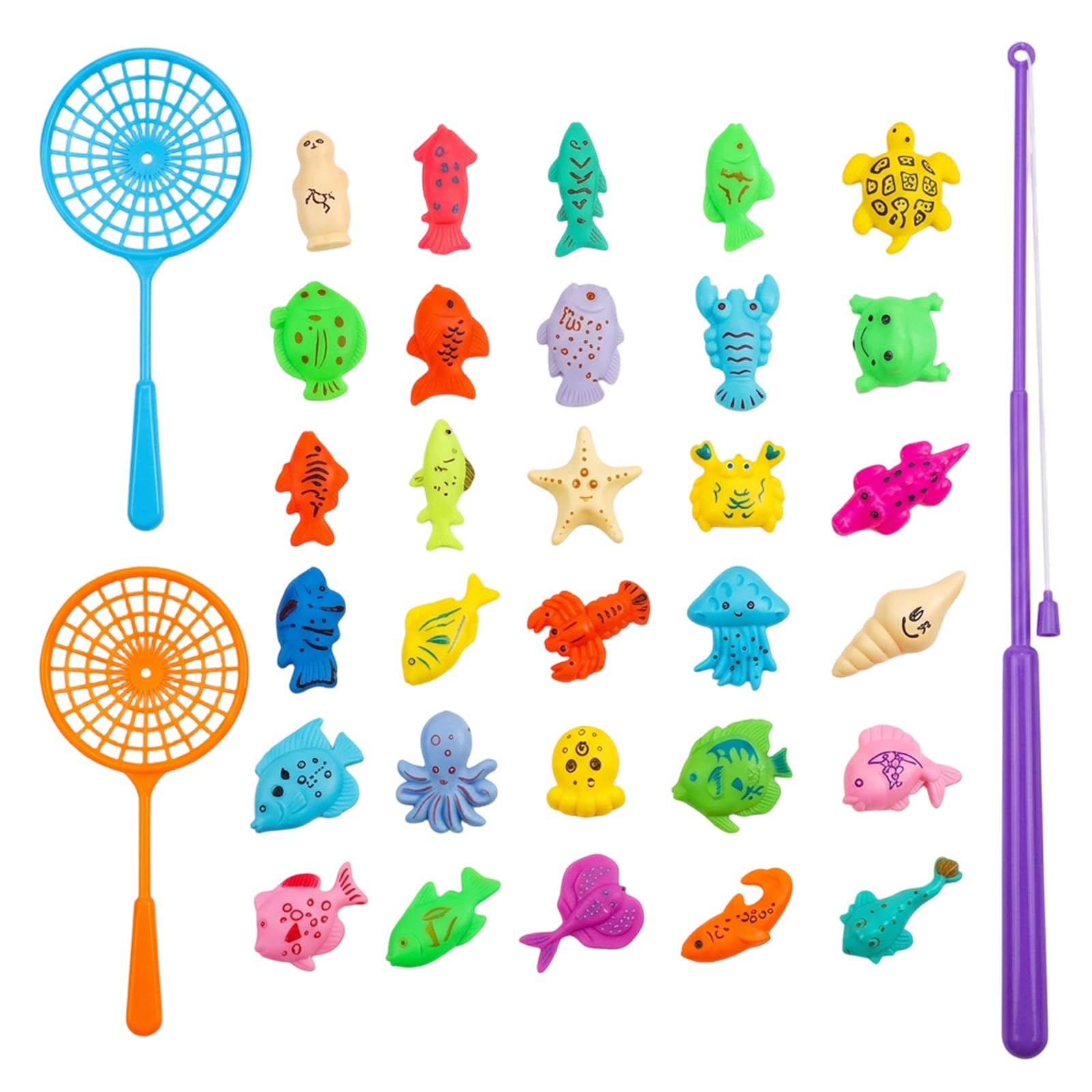 suction 30 PCS Plastic Fish, Fishing Game,Interactive Pool Activity with Fishing Rod and 2 Nets, Marine Life Learning Tool, Family Game Night Entertainment, Random Style Color
