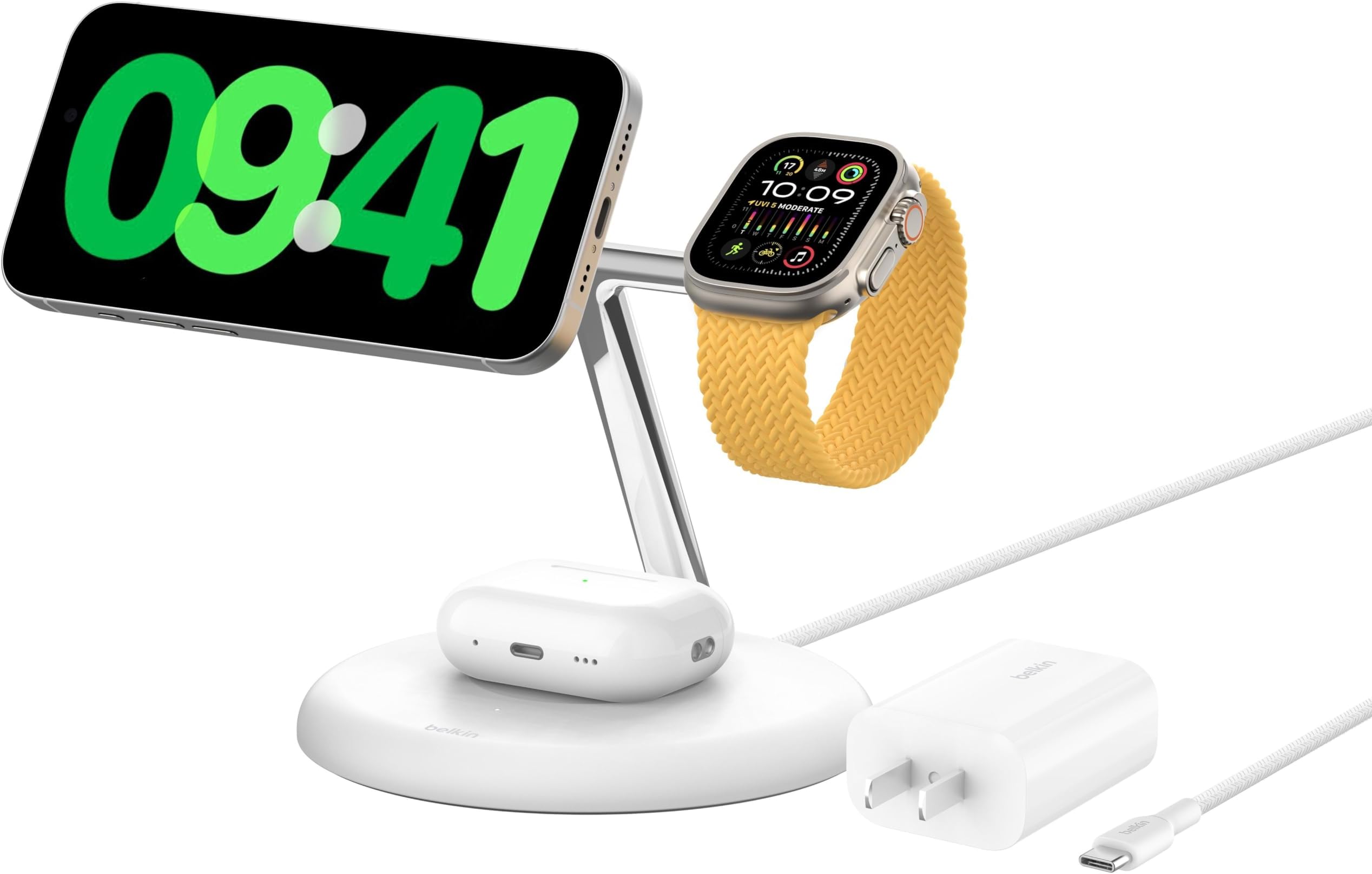 MagSafe-Compatible 3-in-1 Wireless Charger Stand 15W - Qi2-Certified Wireless Charging Station, Fast Charging of iPhone 16, AirPods, & Apple Watch - 36W Included - White