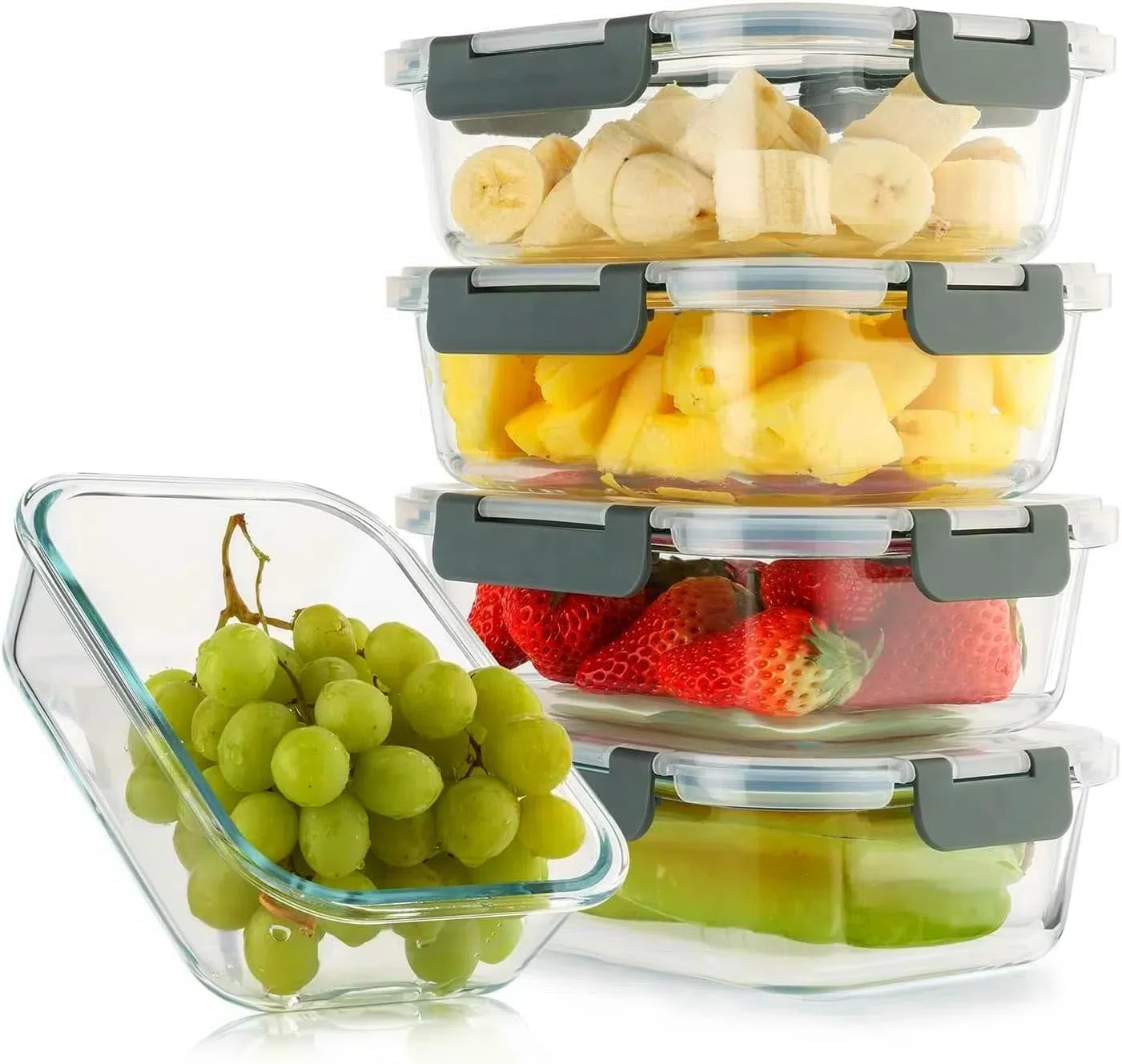 5 Pack 36 Oz Glass Meal Prep Containers with Lids, Reusable Glass Food Storage Airtight Lunch Containers with Lids, Leak Proof, Microwave, Oven, Freezer and Dishwasher Safe (Gray)