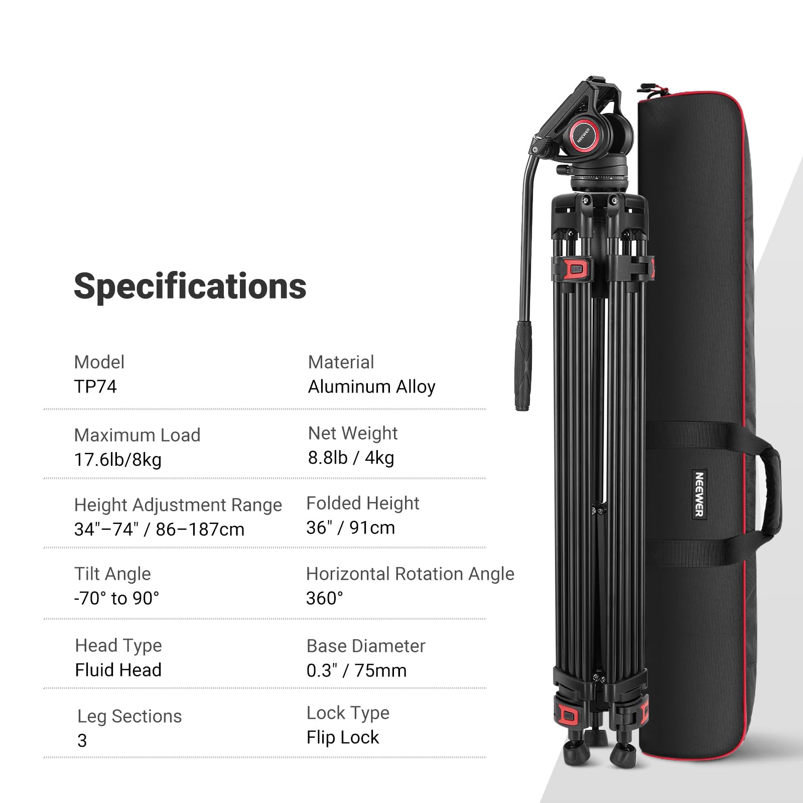 NEEWER 74" Pro statyw wideo z głowicą fluidową, płyta QR kompatybilna z DJI RS Gimbals Manfrotto, wytrzymały statyw do aparatu z uchwytem teleskopowym, skalowana podstawa do lustrzanek cyfrowych,