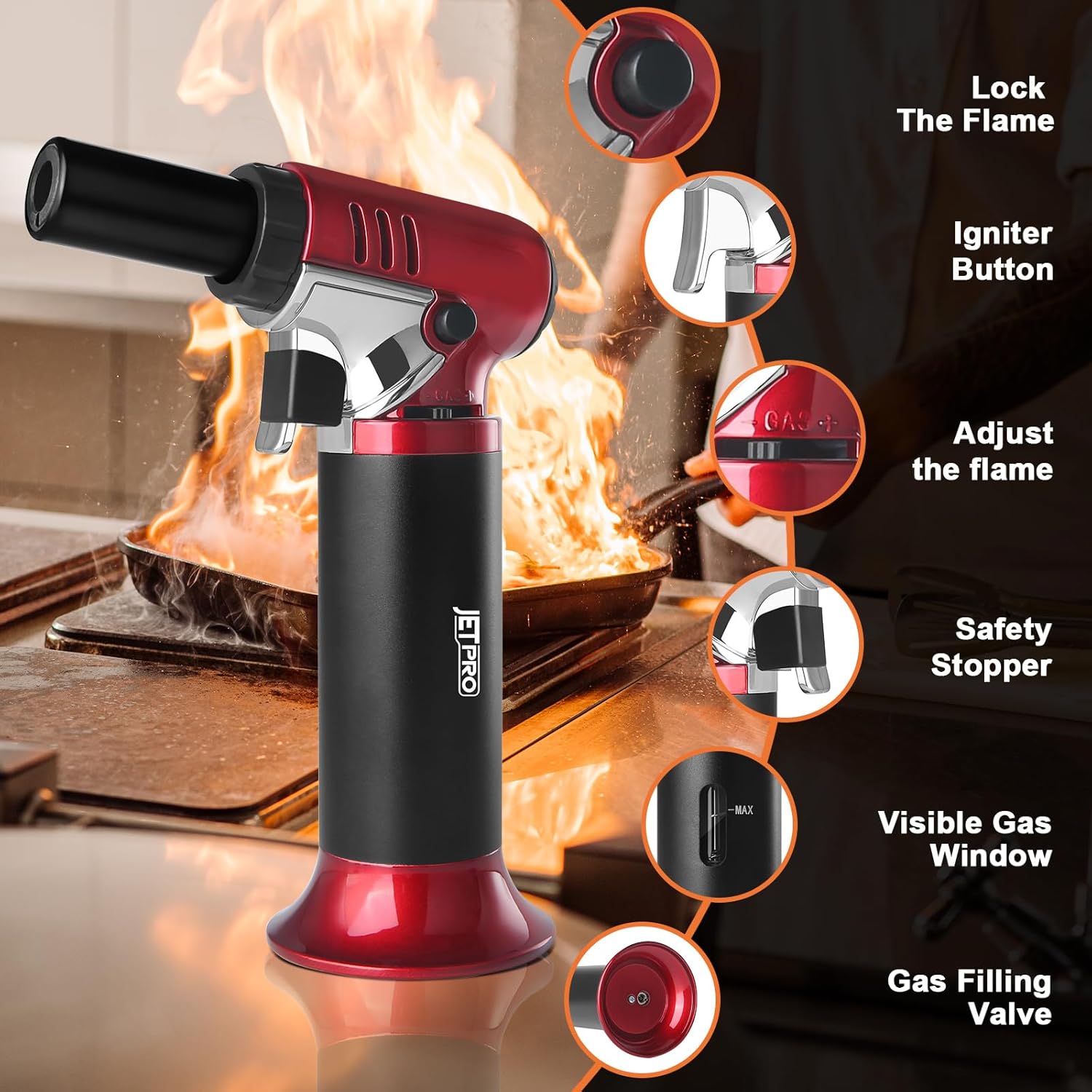 Butane Torch Lighter Refillable with Adjustable Flame Kitchen Torch for Creme Brulee Baking BBQ Cooking Soldering One Hand Operation with Fuel Window Safety Lock (Butane Gas Not Included)